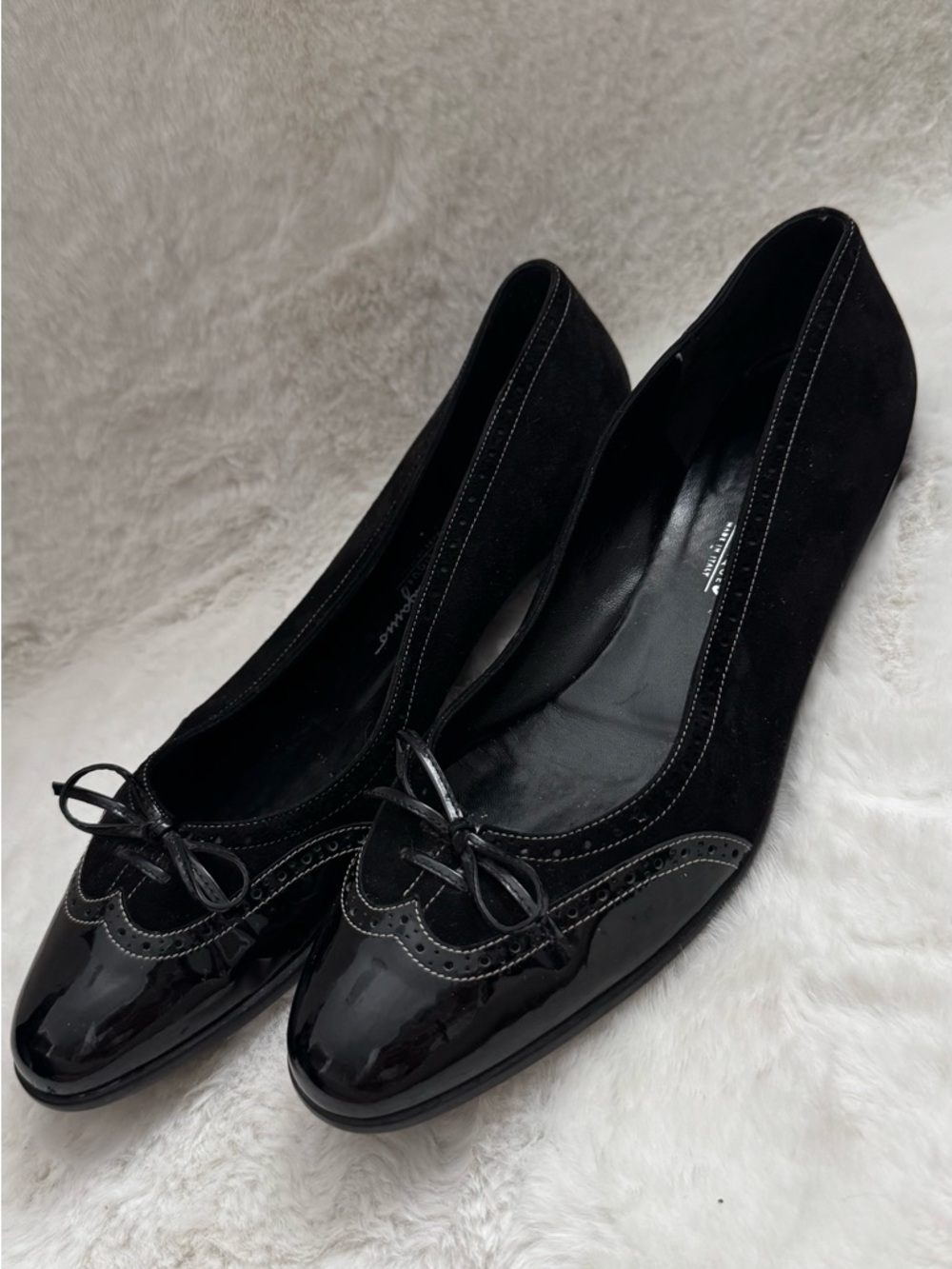 Salvatore Ferragamo Black Suede & Patent Leather Ballet Flats